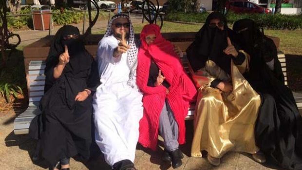 Some of the Party for Freedom members who entered the Gosford Anglican Church dressed as Muslims. Photo: Party for Freedom/Facebook