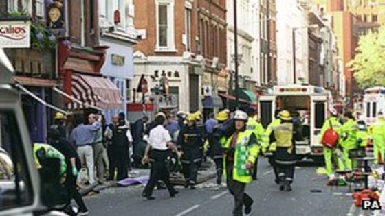 The Admiral Duncan pub in the aftermath of David Copeland's nail bomb which killed three people and wounded around 70