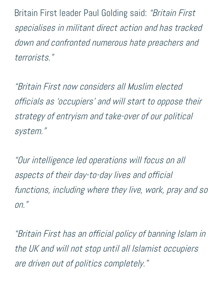 Britain First's threat to Muslim elected representatives