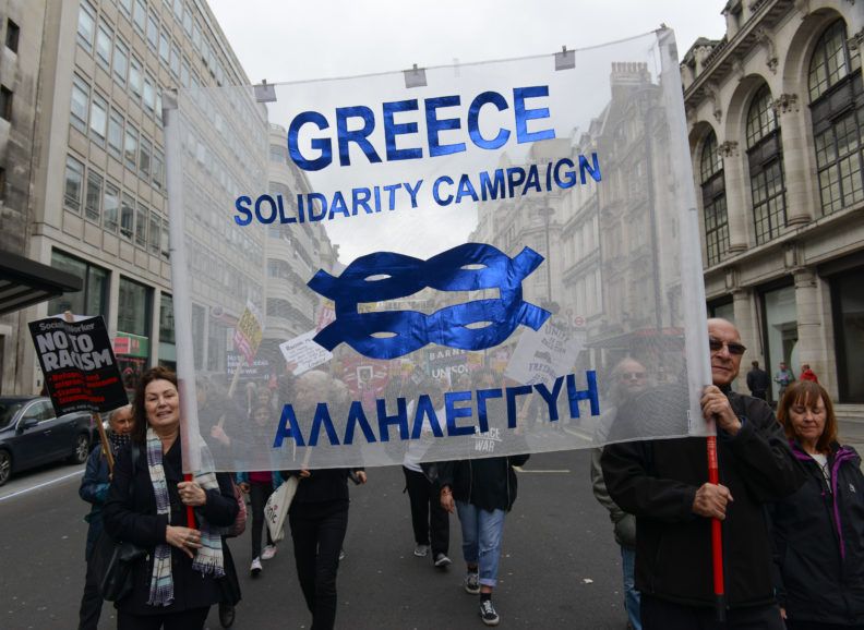 Greek Solidarity Campaign supporters on the international section of the Stand Up To Racism march in London on 18 March 2017